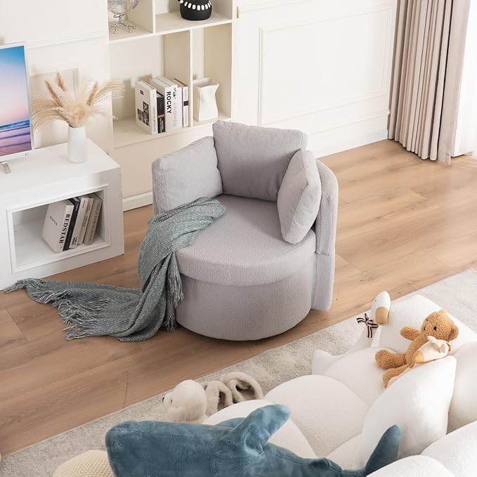 FOXHUNTER Swivel Barrel Chair 360 Degree Swivel Round Storage Chair with 3 Pillows Oversize Teddy Swivel Accent Chair Comfy Single Sofa Chair for Nursery Living Room Bedroom (Light Gray)