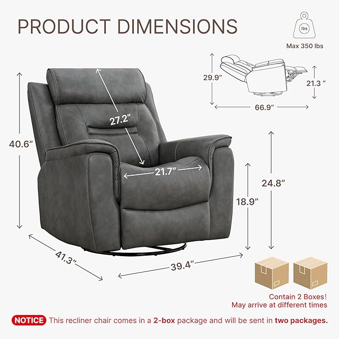 Leather Recliner Chair 360° Swivel Rocker for Adults Manual Rocking Reclining Chair with Adjustable Backrest Footrest for Living Room Bedroom Home Theater Seating