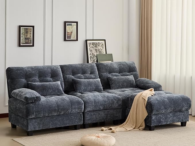 KEIKI 93 3 Seater Chenille Modular Sectional Couches with 4-Position Adjustable Backrest Ottoman &amp 3 Throw Pillows Comfy Couch Sofa for Living Room Apartment Indoor 350lb/Seat