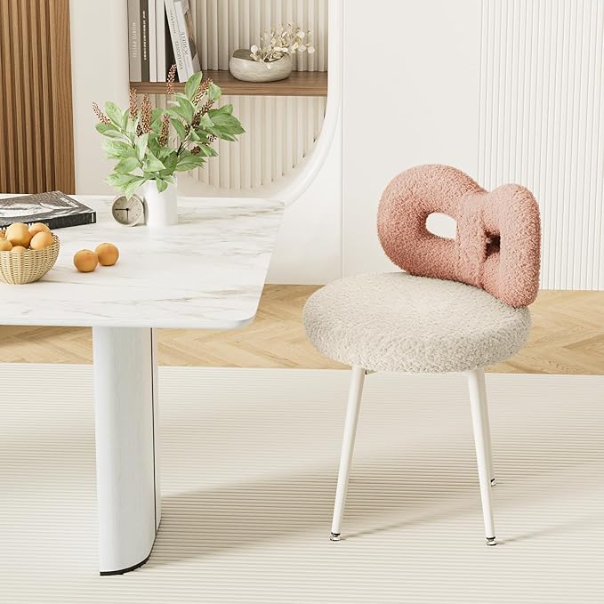 Vanity Chair with Back Swivel DesignNo WheelsSmall Upholstered Pink Makeup Chair for Girls with Cute Bow Backrest for Bedroom