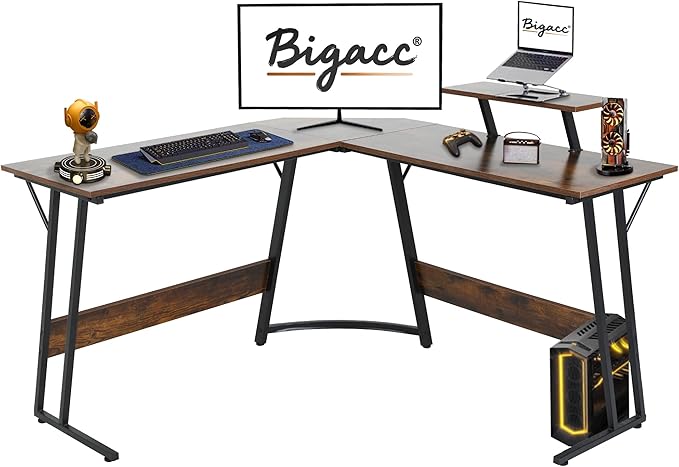 Bigacc L Shaped Gaming Desk 50 Corner Desk Spacious Dual Tops P2 Particleboard Metal Z-Legs Adjustable Non-Slip Pads Scratch/Waterproof Multi-Use Home Office/Game Room/Dorm