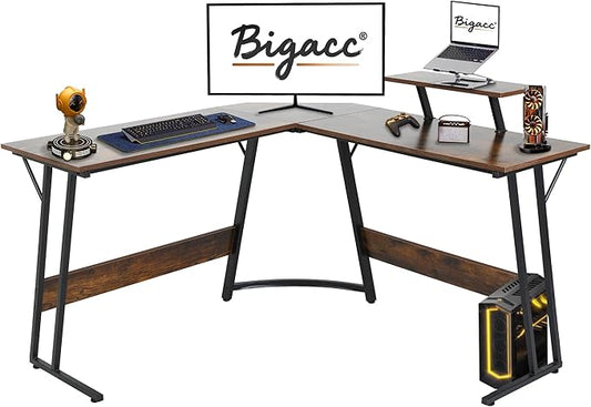 Bigacc L Shaped Gaming Desk 50 Corner Desk Spacious Dual Tops P2 Particleboard Metal Z-Legs Adjustable Non-Slip Pads Scratch/Waterproof Multi-Use Home Office/Game Room/Dorm