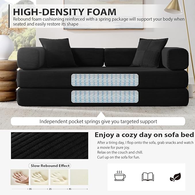 4-in-1 Folding Convertible Sofa Bed 78 Inch Boneless Couch with Fixed-Shape Frame Corduroy Loveseat Sleeper with Pull Out Bed Floor Sofa Modular Futon Couch for Living Room Bedroom Lounge (Black)