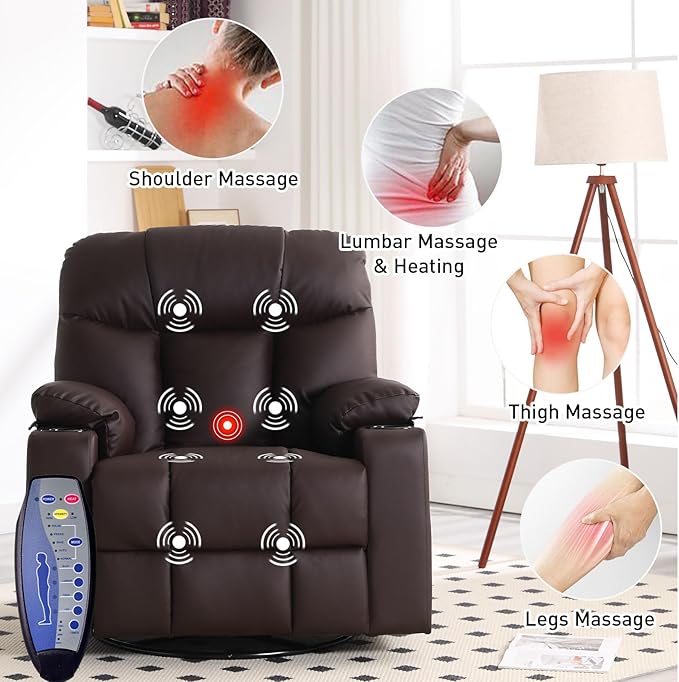 Bonzy Home Swivel Rocker Recliner with Heating and Massage 40 Manual Rocker Recliner Chair PU Leather Single Sofa with 2 Cup Holders for Living Room Bedroom Brown