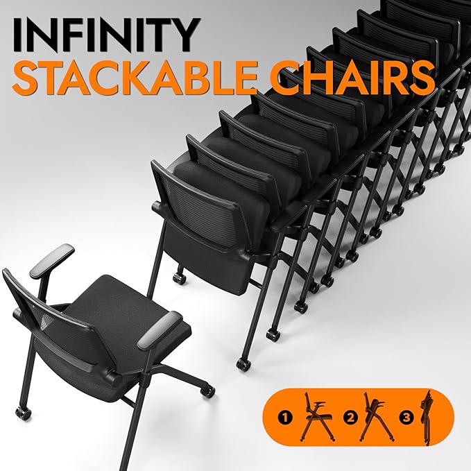 FYLICA Foldable Office Chair Set of 2 with PU Wheels Ergonomic Mesh Bouncing Back Stackable Conference Room Chair Office Guest &amp Reception &amp Meeting Chair (Black)