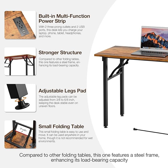 TEMI Long Computer Desk Folding Table - No Assembly Compact 55 Foldable Desk with Power Outlets &amp USB Charging Port Portable Lagre Office Desk Ideal Large Study Table for Narrow Spaces Brown