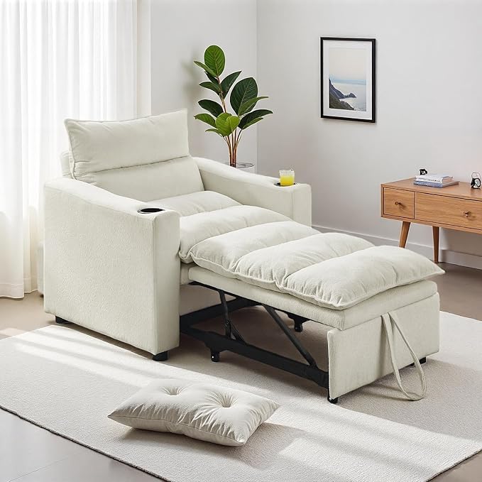 3-in-1 Convertible Sleeper Chair Pullout Sofa Bed with Cup Holders Lazy Sofa Bed with Adjustable Backrest Recliner Chair for Living Room Apartment Dorm or Office Beige