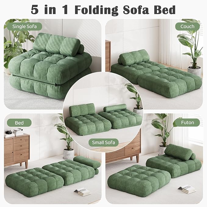 3-in-1 Folding Futon Sofa Bed 35.4 Convertible Sleeper Chair Bed with PillowBoneless Couch Lounge Portable Fold Out Comfy Velvet Floor Mattress for Living Room Bedroom - Single Green
