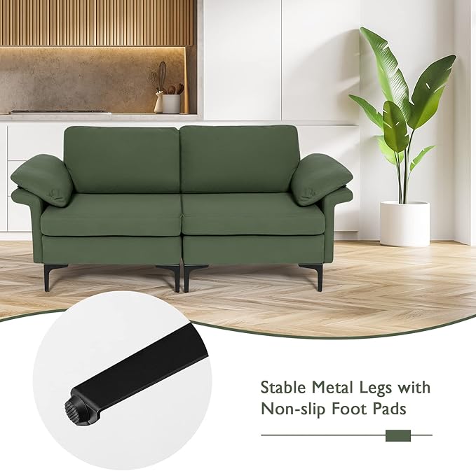 Giantex 72.5 L Loveseat 2-Seat Sofa Couch with Removable Armrest Pillows Metal Frame Legs Comfy Cushions Modern Furniture for Living Room Reception Room Office Easy Assembly Green