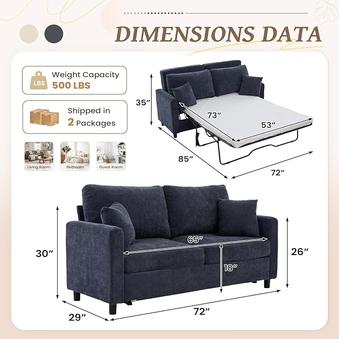 Full Size Pull Out Sofa Bed 3 in 1 Chenille Convertible Loveseat Sleeper Sofa Bed with Memory Form Mattress Pull Out Couch with Square Arms &amp Plillows for Living Room Bedroom Small Space(Grey)