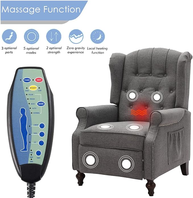 IPKIG Recliner Chair with Heated and Massage Tufted Button Wingback Design Push Back Chair Recliners Armchair Accent Chairs with Side Pockets for Living Room Bedroom Home Office (1 Grey)