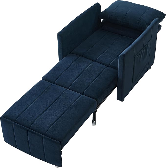 Pull Out Sofa Bed for Living Room 31.5 Upholstered Convertible Sleeper Sofa 3-in-1 Convertible Sleeper Chair with 5-Position Adjustable Backrest Side Pockets and a Storage Basket (Blue/352)