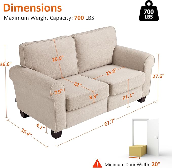 MCombo 67.7 Loveseat Sofa 2-Seater Small Couch for Small Spaces Classic Rolled Arm Upholstered Sofa with Solid Wood Legs for Living Room Removable Cover Chenille Fabric VE730 (Beige)