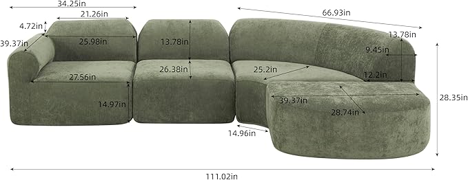 Merax Modern Curved Sectional Sofa with Ottoman Couch 4-Piece Set High-Density Compressed Sponge Fully Assembled Right Hand Facing Plush Deep Seat for Living Room Lounge Apartment Green