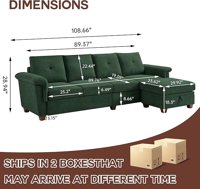 109 Convertible Sectional Sofa Modern Microfibe L Shaped Couch with Storage Chaise and Cup Holder 4 Seat Sofa Couches with Extra Headrests for Living Room Apartment Green