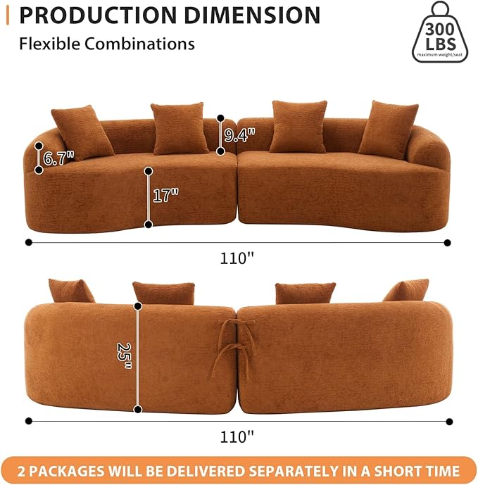 KEIKI Curved Chenille Modular Sectional Couches with Pillows 4 Seater Oversized Upholstered Luxury Plush Cloud Sofa for Living Room Apartment Full Compression Sponge