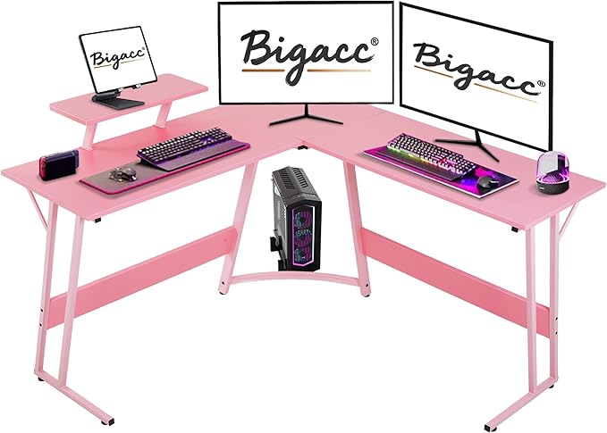 Bigacc L Shaped Gaming Desk 50 Corner Desk Spacious Dual Tops P2 Particleboard Metal Z-Legs Adjustable Non-Slip Pads Scratch/Waterproof Multi-Use Home Office/Game Room/Dorm
