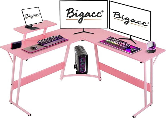Bigacc L Shaped Gaming Desk 50 Corner Desk Spacious Dual Tops P2 Particleboard Metal Z-Legs Adjustable Non-Slip Pads Scratch/Waterproof Multi-Use Home Office/Game Room/Dorm