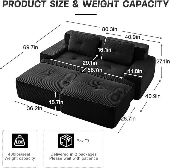 82 Modern Compressed Boneless Love Seat Couches with 2 Ottomans 2 Seater Large Sectional Couches for Living Room Black Corduroy Cloud Modular Sectional Sofa Memory Foam Deep Loveseat No Assembly