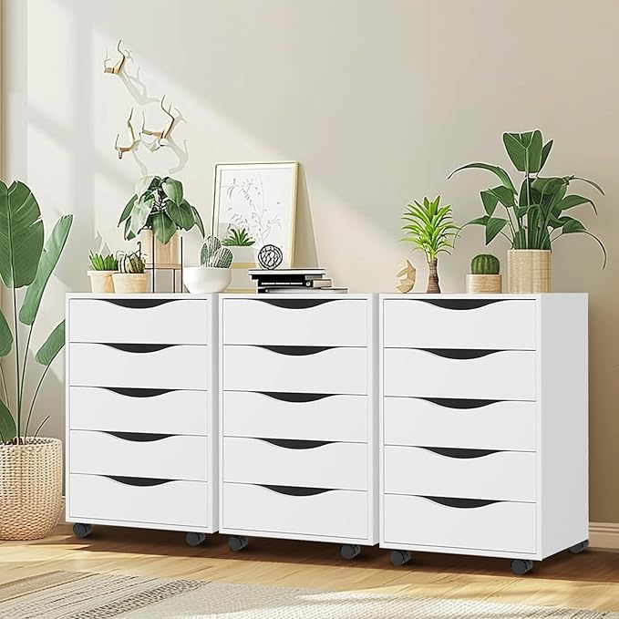QDSSDECO 5 Drawer Chest Wood File Cabinet Rolling Storage Dresser with Wheels for Home Office White
