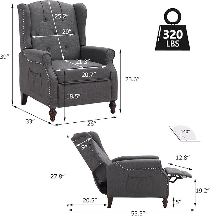Wingback Recliner Chair with Massage and Heat Tufted Fabric Push Back Recliner Chair for Living Room Vintage Wingback Chair with Remote Control Padded Cushion Backrest Wooden Legs