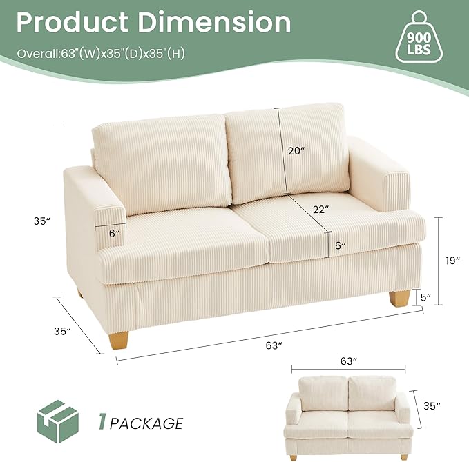 3 Pieces Corduroy Couch Set for Living Room 3 Seater &amp Loveset*2 Cloud Sofa Deep Seat Floor Couch for Bedroom Futon Modern Sofa Bed White Corduroy