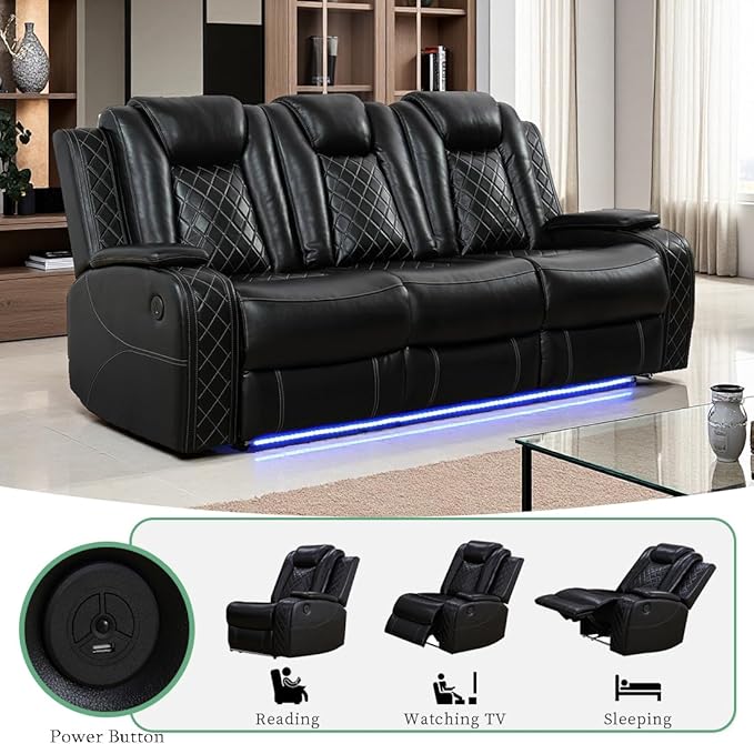 Power Leather Recliner Sofa Set with LED Light Living Room Furniture Sets Black Breathing Leather Power Reclining Sofa Couch with 2 Recliner Seats/Storage Console/USB Port for Living Room
