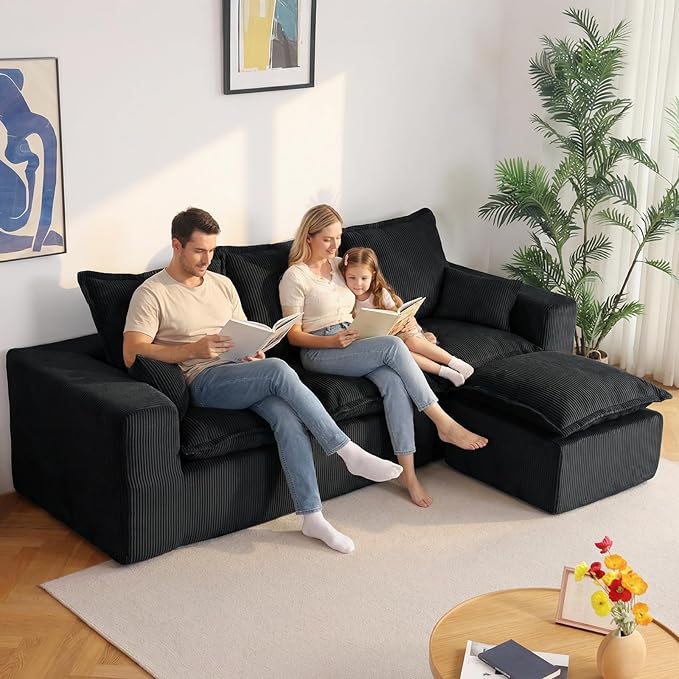 DOPEDIO 107 Cloud Modular Sectional Sofa with Ottoman &amp L-Shaped Chaise Deep Seat Boneless Couch in a Box for Living Room Upholstered Comfy Sofa No Assembly RequiredBlack