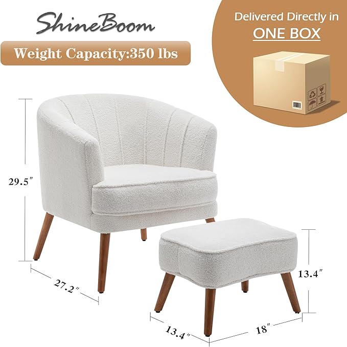 Accent Chairs with Ottoman for Living Room Bedroom Office Sherpa Upholstered Single Sofa Chair Arm Chair Comfy Chair Reading Club Coffee Chair with Metal Legs White