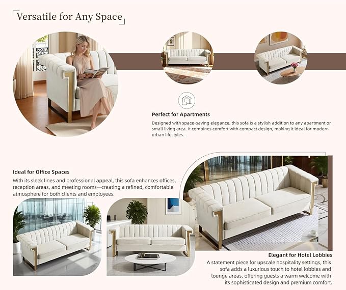 KEIKI 84 Velvet Sleek Channel-Tufted Sofa with Armrest and Back Cushions Gold Accents 3-Seater Upholstery Couch with Solid Legs Easy Assembly for Living Room Bedroom Apartment White