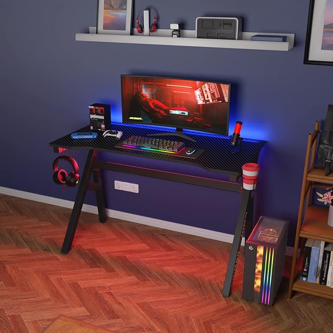 BestOffice | 47 Gaming Desk | Red | Carbon Fiber Textured Computer Desk | Sturdy Steel Frame Cup Holder Headphone Hook Cable Management Holes Adjustable Leg Pads | for Gamers Home Office