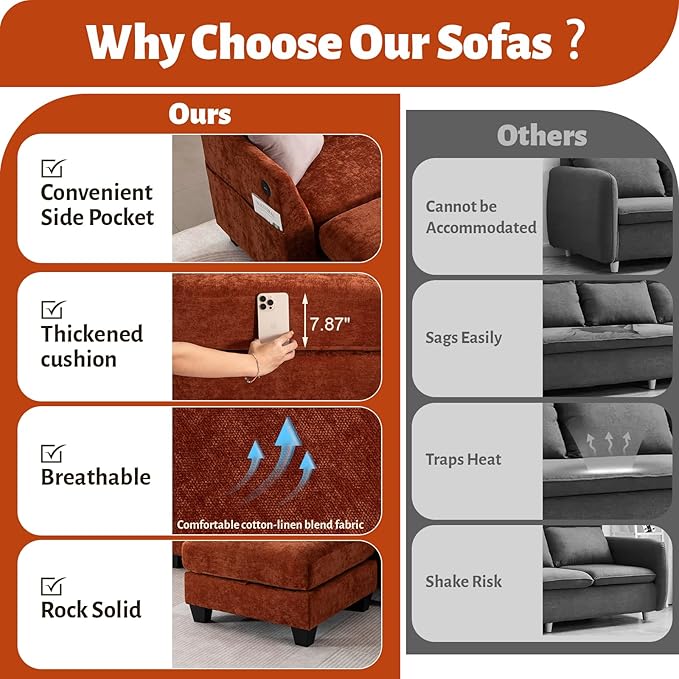 136.4 Modular Sectional Sofa U-Shaped 8 Seater Sectional Sofa with Storage Ottoman Linen L-Shaped Couch Large Cloud Couch with Cup Holders &amp USB for Living Room（Orange