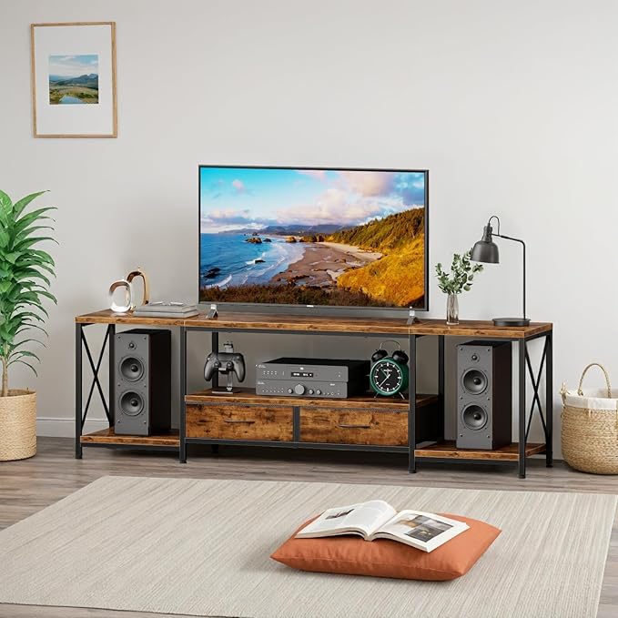 LED TV Stand for 75 70 Inch TV with Fabric Drawers LED Entertainment Center Television Stands with Storage Shelves for Living Room Bedroom TV Console Table 63 Rustic Brown