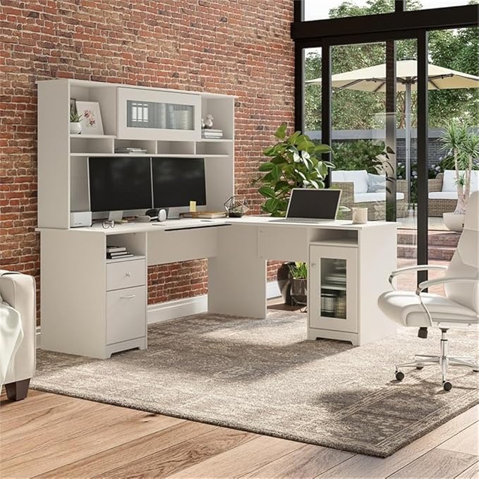 Pemberly Row 72W L-Shaped Computer Desk with Hutch Engineered Wood White Finish Built-in Wire Management Storage Cabinet File Drawer Adjustable Shelves Home Office Desk with Stable Design