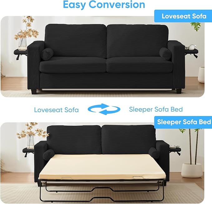 Mjkone 82 Width Queen Size Pull Out Sofa Bed Sleeper Couch with Pull Out Beds 2-in-1 Convertible Corduroy Loveseat Sleeper Sofa Couch Bed with Folding Mattress for Living Room Home Apartment Black