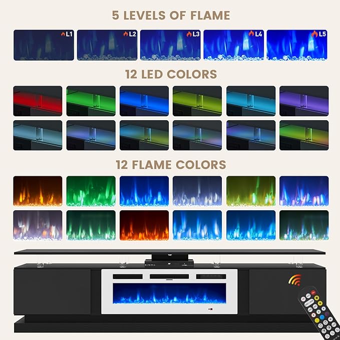 80 Fireplace TV Stand Modern Entertainment Center for TVs Up to 90 TV Console with Storage Cabinets Media Console for Living Room Black TV Stand and White Fireplace