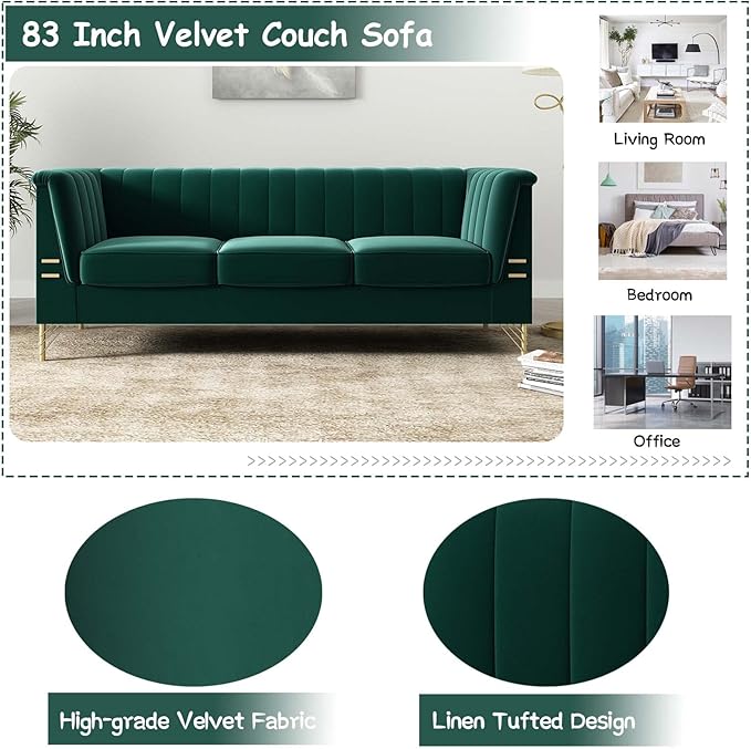 Tomkate Emerald Green Velvet Couch Sofa 83 Mid-Century Modern Tufted Chesterfield Sofa with Flared Arms and Removable Cushions Comfy 3 Seater Couch with Gold Metal Legs for Living Room (Green)