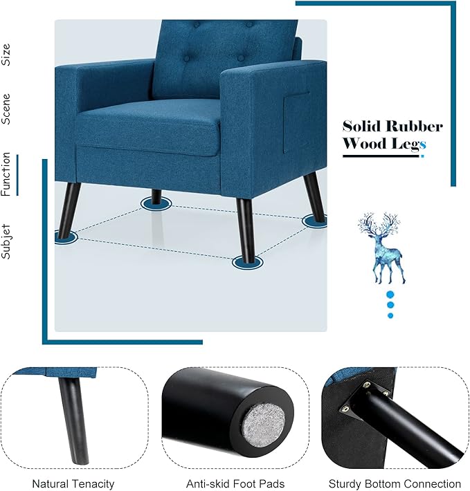 Giantex Set of 2 Modern Accent Chair Upholstered Living Room Chair Button Tufted Single Sofa Couch Bedroom Reading Guest Room Patented Linen Fabric Armchairs with Side Pockets and Wood Legs Blue