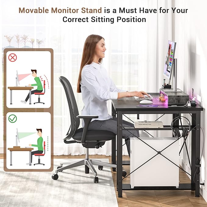 Armocity Computer Desk with LED Lights 55 Inch Desk with Power Outlet and USB Reversible Large Desk with Moveable Monitor Stand 55.2'' Gaming PC Table for Home Office Workstation Grey and Black