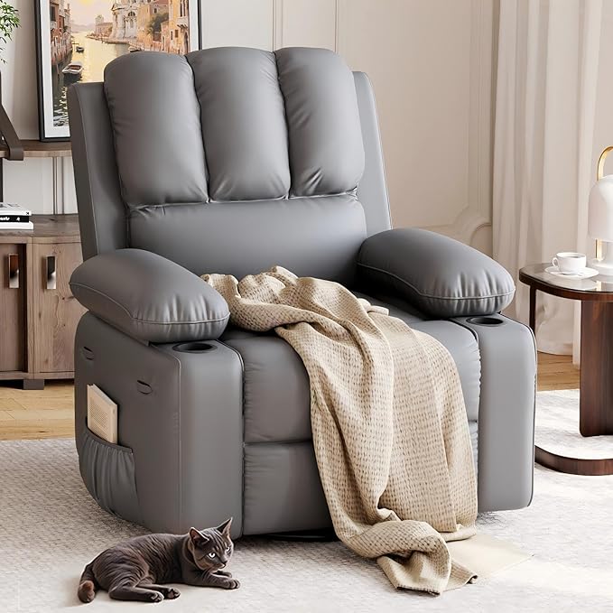 GarveeHome Recliner Chairs Classic Manual Leather Recliner Home Theater Seating with Lumbar &amp Arms Support for Living Room Bedroom and Nursery (Grey-27)