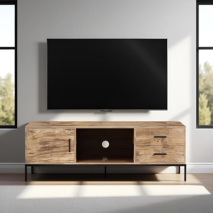 TV Stand for 55/60 Inch TV Modern Wood Entertainment Center with Storage 52 Media Console Table with 2 Drawers &amp Door Cabinet Television Stands for Living Room &amp Bedroom (Rustic Brown)