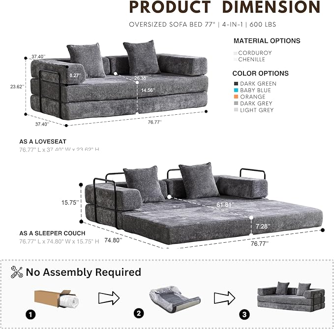 Alpen 77 Convertible Sleeper Sofa Bed with Pillow - Chenille Fabric &amp High-Density Sponge &amp Fixed-Shape Frame Modular Sofa for Living Room/Lounge/Studio Dark Grey