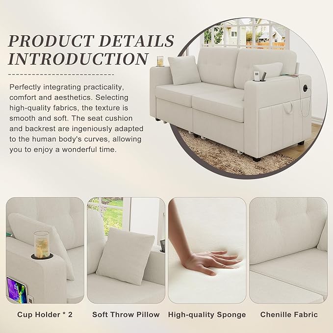 67 Small Loveseat Couch with Storage USB Charging and Cup Holder Space Saving Furniture Modern Chenille Love Seat Sofa Small Couches for Small Spaces Bedroom Apartment Beige