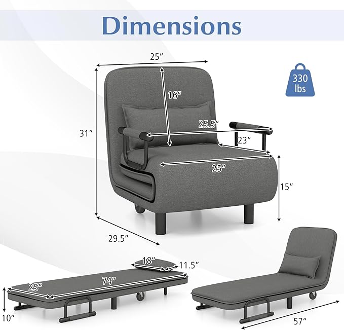 Giantex 26.5 Convertible Sofa Bed Folding Arm Chair Sleeper Leisure Recliner Lounge Couch (Grey)