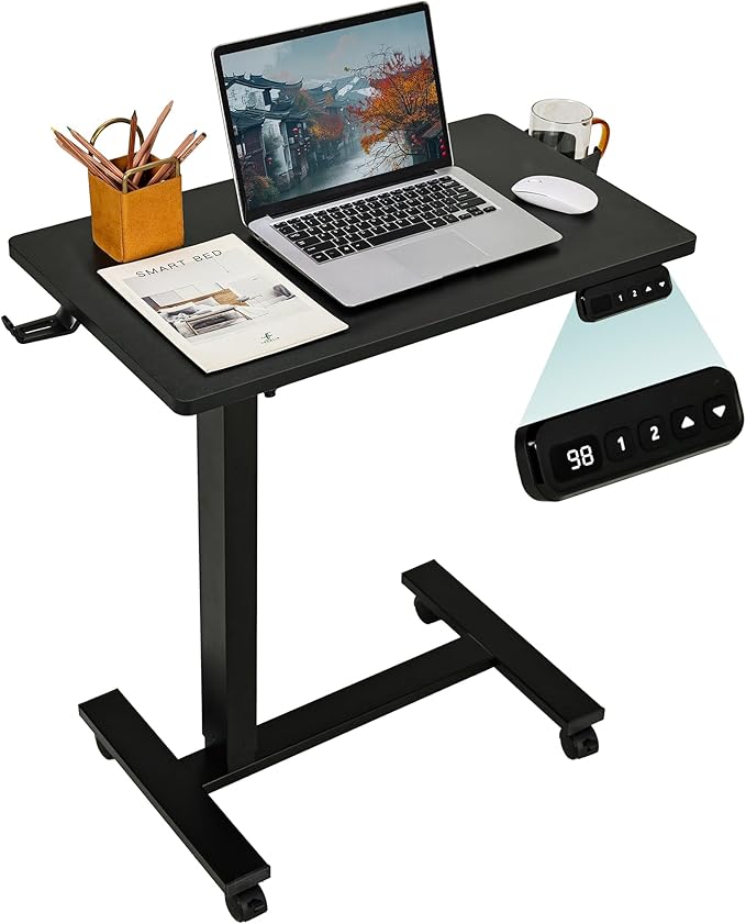 Electric Overbed Table with Wheels Height Adjustable Bedside Sofa Recliner Side Tables C Shaped Rolling Standing Small Laptop Desk for Home Office Black