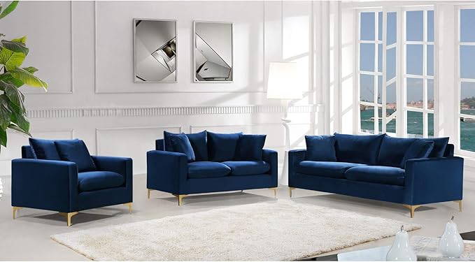 Meridian Furniture Naomi Collection Modern | Contemporary Black Velvet Upholstered Sofa with Stainless Steel Base in a Rich Gold or Chrome Finish (633Black-S)