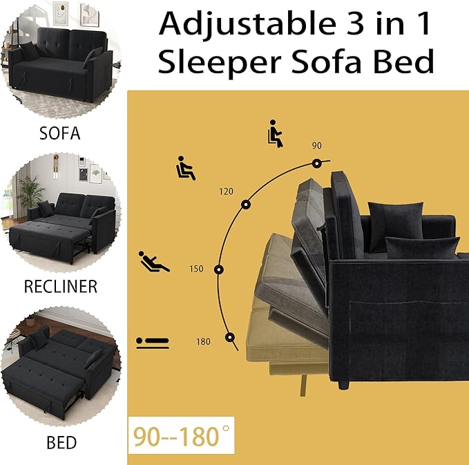 Black Convertible Sofa Bed: 3 in 1 Sleeper Sofa Couch Bed Pull Out Couch with Adjustable Backrest Velvet Convertible Loveseat Sleeper for Living Room