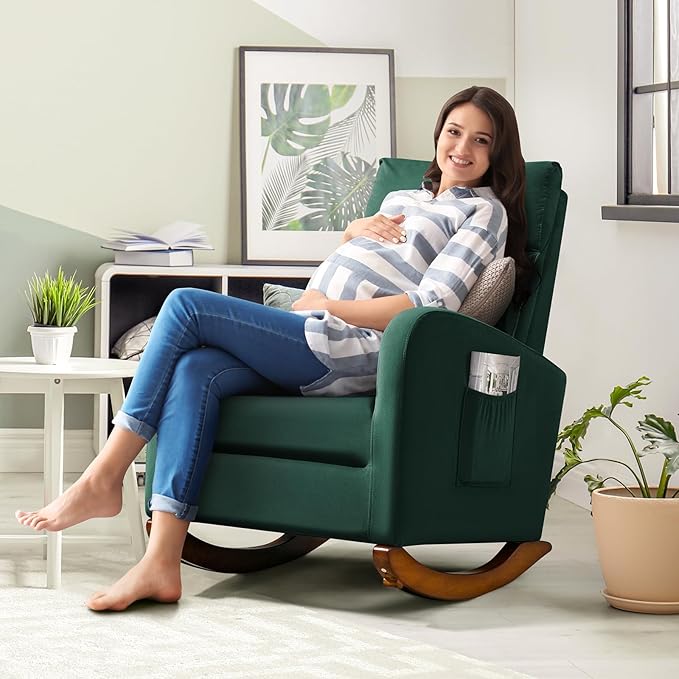AVAWING Upholstered Rocking Chair Comfortable Glider Rocker with Solid Wood Legs High Back Modern Rocker with Side Pocket for Nursery Living Room and Bedroom Green