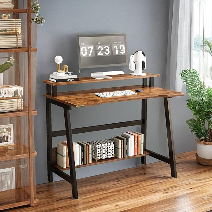 31.5 Inch Modern Small Desk Compact Computer Desk for Home Office and Study Space Saving with Multi-Function Open Shelves