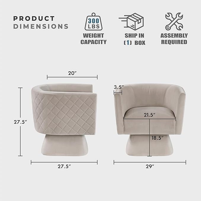 Lexicon 360 Degree Swivel Accent Chair Modern Comfy Velvet Barrel Chair Diamond Stitched Details Plush Foam Cushions Metal Swivel Base for Living Room/Bedroom/Apartment/Office Taupe